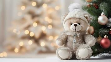 Bear doll with christmas tree in room with christmas accessories AI Generated photo