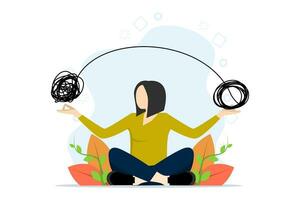 Control emotions during problem solving or frustration work concept. Calm woman with sitting lotus changes chaotic lines into orderly and relaxed lines. Stress management, meditation to reduce anxiety vector