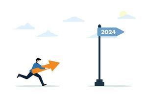 Concept of strategic planning to achieve success in the new year 2024, development and future prospects, business goals for the coming year, man walking following the signs towards the new year 2024. vector