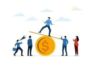 financial balance concept. Group of people swinging big coins, balance, cost, power and comparison. strength and comparison. Finance and Economics. Flat vector illustration on white background.