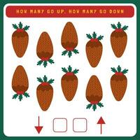 Christmas worksheet how many go up and how many go down. Counting game with cute Christmas objects. Winter activity page vector