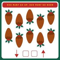 Christmas worksheet how many go up and how many go down. Counting game with cute Christmas objects. Winter activity page vector