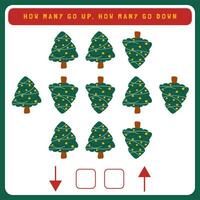 Christmas worksheet how many go up and how many go down. Counting game with cute Christmas objects. Winter activity page vector