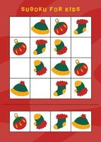 Christmas sudoku game for children with cute objects. Kids activity sheet. Winter activity page. vector