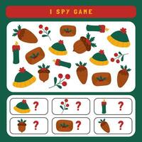 Christmas I spy game for kids. Searching and counting activity for preschool children with cute Christmas objects. Funny winter printable worksheet for kids. Simple holiday spotting puzzle. vector