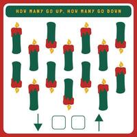 Christmas worksheet how many go up and how many go down. Counting game with cute Christmas objects. Winter activity page vector