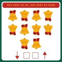 Christmas worksheet how many go up and how many go down. Counting game with cute Christmas objects. Winter activity page vector