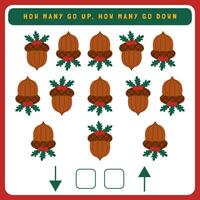 Christmas worksheet how many go up and how many go down. Counting game with cute Christmas objects. Winter activity page vector