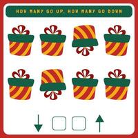 Christmas worksheet how many go up and how many go down. Counting game with cute Christmas objects. Winter activity page vector