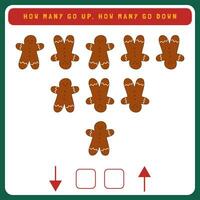 Christmas worksheet how many go up and how many go down. Counting game with cute Christmas objects. Winter activity page vector