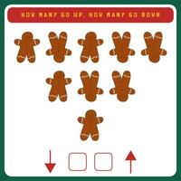 Christmas worksheet how many go up and how many go down. Counting game with cute Christmas objects. Winter activity page vector