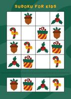 Christmas sudoku game for children with cute objects. Kids activity sheet. Winter activity page. vector