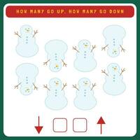 Christmas worksheet how many go up and how many go down. Counting game with cute Christmas objects. Winter activity page vector