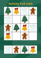 Christmas sudoku game for children with cute objects. Kids activity sheet. Winter activity page. vector