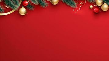 Red background,decorated with christmas ball, copy space top view, luxurious decoration background AI Generated photo