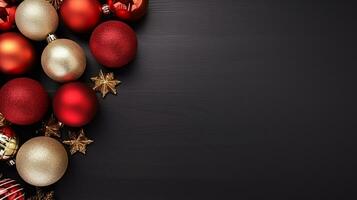 Christmas decorations on background. Frame of golden Xmas baubles,top view, stars, ai generative photo