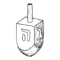 Vector wooden dreidel black and white illustration for Hanukkah greeting card. Jewish sevivon toy with Hebrew letters