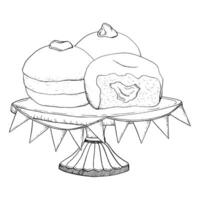 Vector Hanukkah donuts on cake stand with festive holiday party flags black and white illustration for greeting card. Jewish traditional dessert