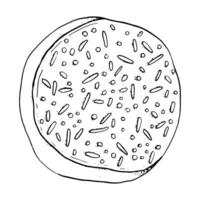 Vector glazed donut with sprinkles. Hand drawn simple black and white illustration. Top view doughnut for bakery and cafe designs