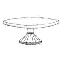 Vector metal round coffee table graphic black and white illustration. Realistic vintage furniture ink sketch