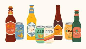 Set of hand drawn beer in aluminum cans and glass bottles. Different beer types with colored labels. Design elements for menu restaurant, bar, pub. vector