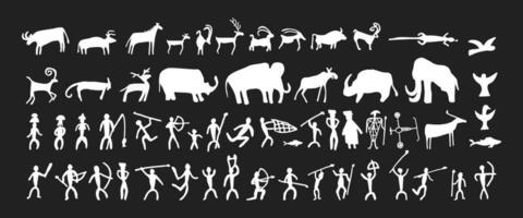 Cave painting prehistoric rock art hand drawn sketch style vector illustration set.