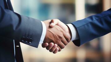 Two Businessmen making handshake with partner, greeting, dealing, merger, venture concept, for business, finance and investment background, teamwork and successful business AI Generated photo
