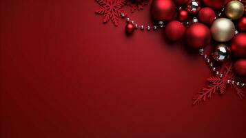 rojo fondo, decorado con Navidad pelota, Copiar espacio parte superior vista, lujoso decoración antecedentes ai generado foto