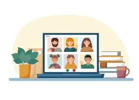 Online meeting. Laptop with faces. vector