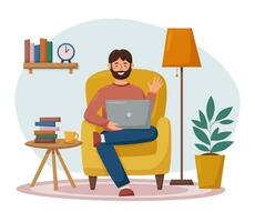 Man in the chair with laptop online conversation vector