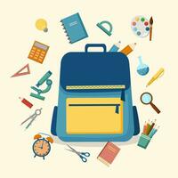 School backpack with supplies around vector
