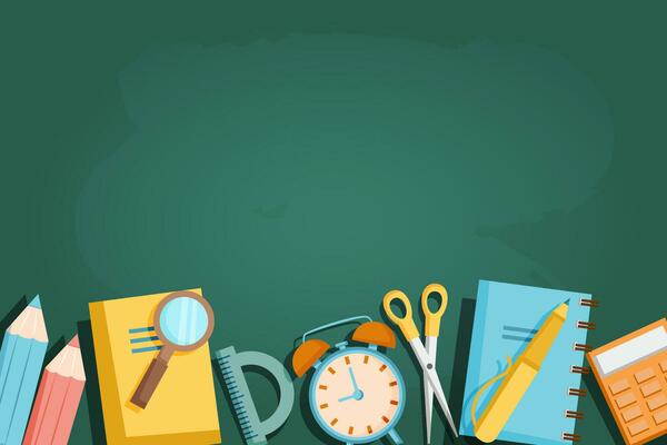 School background with school supplies on the chalkboard