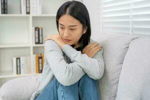 Depression and mental illness. Asian man disappoint, sad after receive bad news. Stressed boy confused with unhappy problem, arguing with girlfriend, cry and worry about unexpected work, down economy. photo