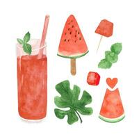 Watercolor watermelon mojito clipart and ingredients, summer ripe fruit. Watermelon party vector