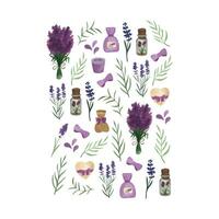 Vintage watercolor lavender print, romantic Provence bouquet collection vector