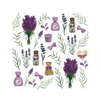 Vintage watercolor lavender print, romantic Provence bouquet collection vector