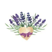 Provence lavender flower and leaves with heart. Hand drawn summer herb watercolor clipart vector
