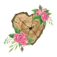 Hand drawn watercolor wood slice with wedding bouquets. Roses, wood and green leaves arrangement vector