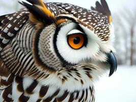 close up owl in the snow with snow photo