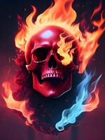 3D illustration of human skull in fire photo