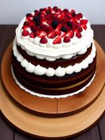 Homemade cream layer cake, fresh, colorful, and delicious dessert with juicy strawberries, sweet whipped cream and cream cheese photo