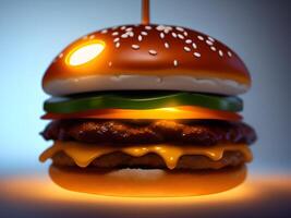 3d of burger on a wooden background. close up of a cheeseburger photo