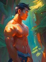 cartoon man with a big chest in a forest photo