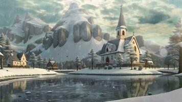 ai generativ, ein schneebedeckt Landschaft mit ein Kirche und ein Teich video