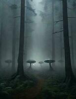 el bosque es brumoso y oscuro, allí son ovnis y extraterrestre ilustraciones foto