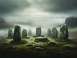 megalithic menhir circle made of stone, covered in moss and very thick fog illustration photo