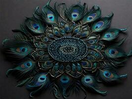 mandala made of peacock feathers illustration photo