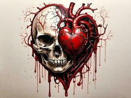 anatomical heart, dripping with red, combined with skull, biomechanical style illustration photo