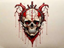 anatomical heart, dripping with red, combined with skull, biomechanical style illustration photo