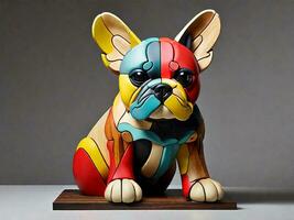 a french bulldog, carved from a single piece of wood, with bright colors illustration photo